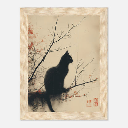 A silhouetted cat sitting on a branch in an ink wash painting with red splashes and seals.