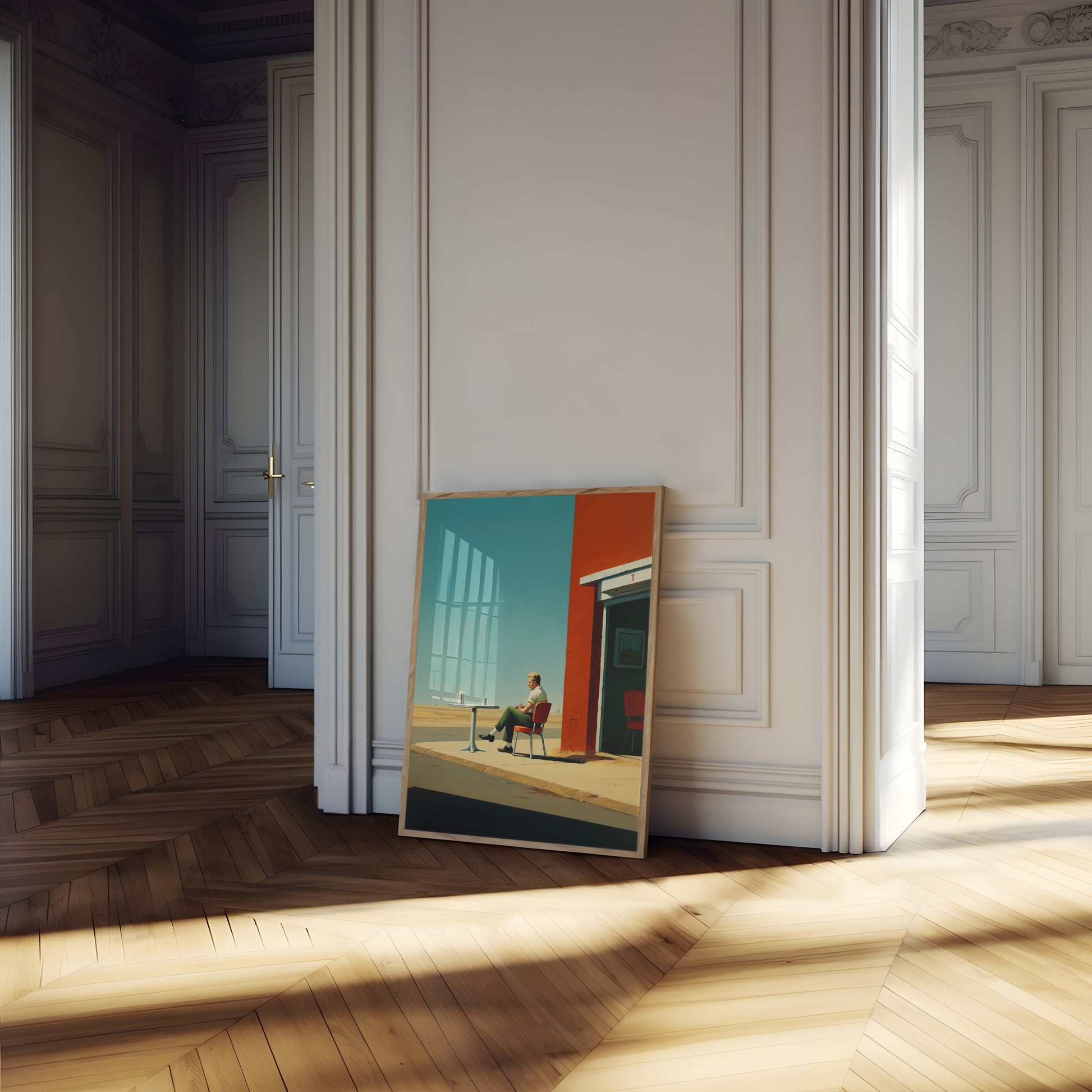 An illustration of a painting leaning against the wall in a sunlit, classic room.