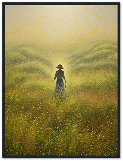 A painting of a person in a hat standing in a field of tall grass with a warm, glowing atmosphere.
