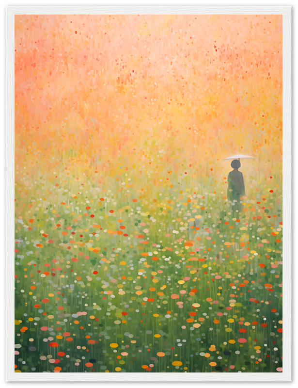 A painting of a person standing in a vibrant field of flowers at dawn or dusk.