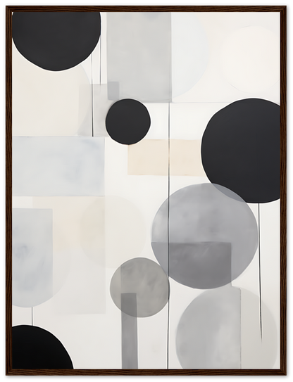 Abstract art with circles and muted tones in a wooden frame.