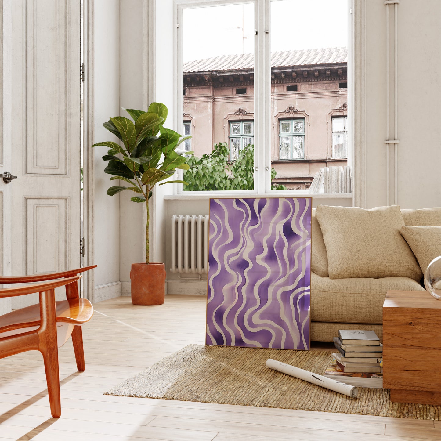 A cozy living room with a sofa, plants, and a colorful abstract painting leaning against the wall.