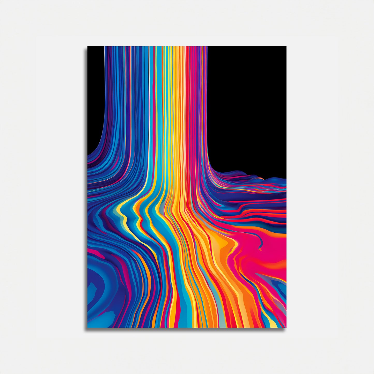 A vibrant abstract painting with flowing multicolored lines against a white background.