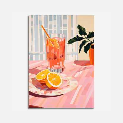 Illustration of a glass of juice with sliced oranges on a table.