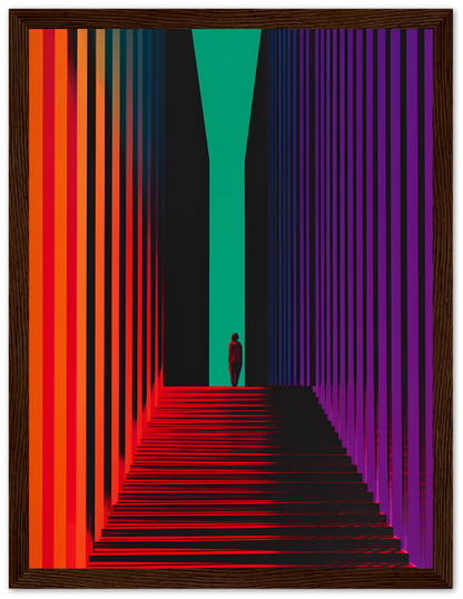 Alt text: A person standing at the end of a vibrantly colored, surreal corridor with striped walls.