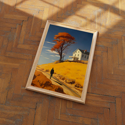 Painting of a house and tree on a hill with a lone figure, framed and placed on a wooden floor.