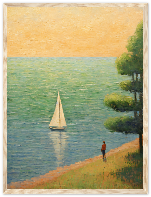 Painting of a person standing by a lake watching a sailboat at sunset.