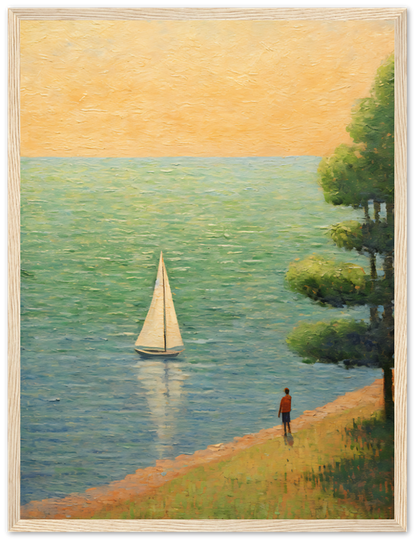 Painting of a person standing by a lake watching a sailboat at sunset.