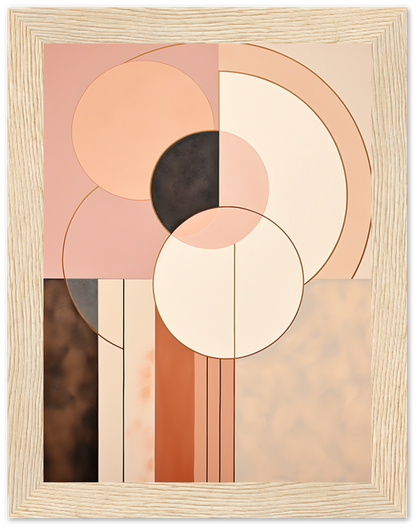 Abstract geometric painting with circles and stripes in pastel tones, framed with wood.