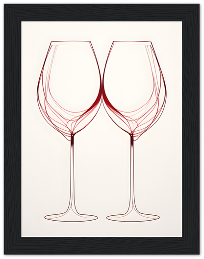 Two wine glasses creating an illusion of a shared stem on a black background with a decorative frame.