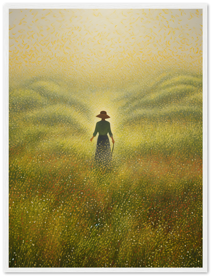 A painting of a person in a hat standing in a field of tall grass with a warm, glowing atmosphere.