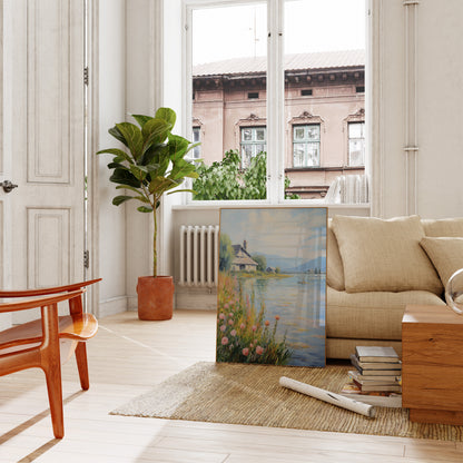 A cozy living room with a beige sofa, plants, and a painting leaning against the wall.