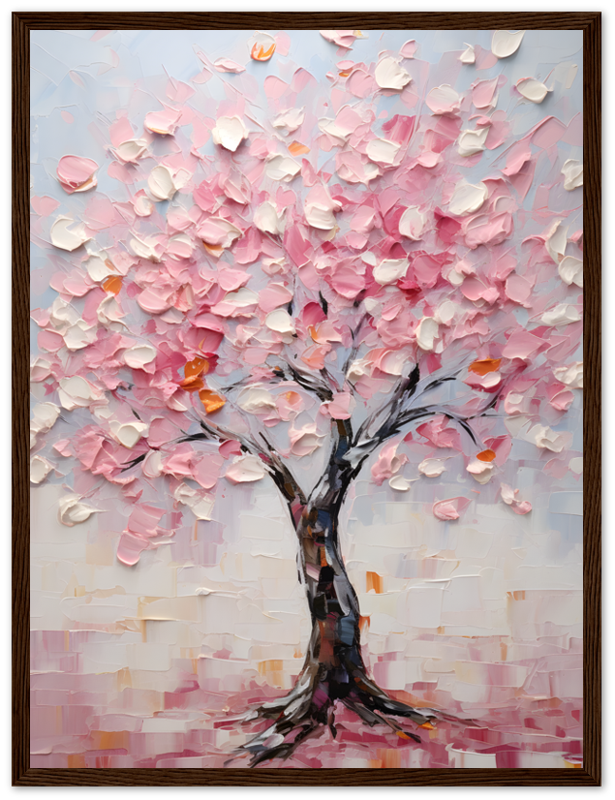A textured painting of a blossoming tree with pink leaves in a frame.