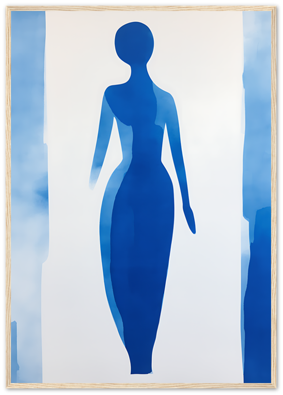 Abstract blue silhouette of a woman against a lighter blue background.