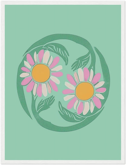 Stylized illustration of two daisies encircled by a green vine on a teal background with a brown frame.