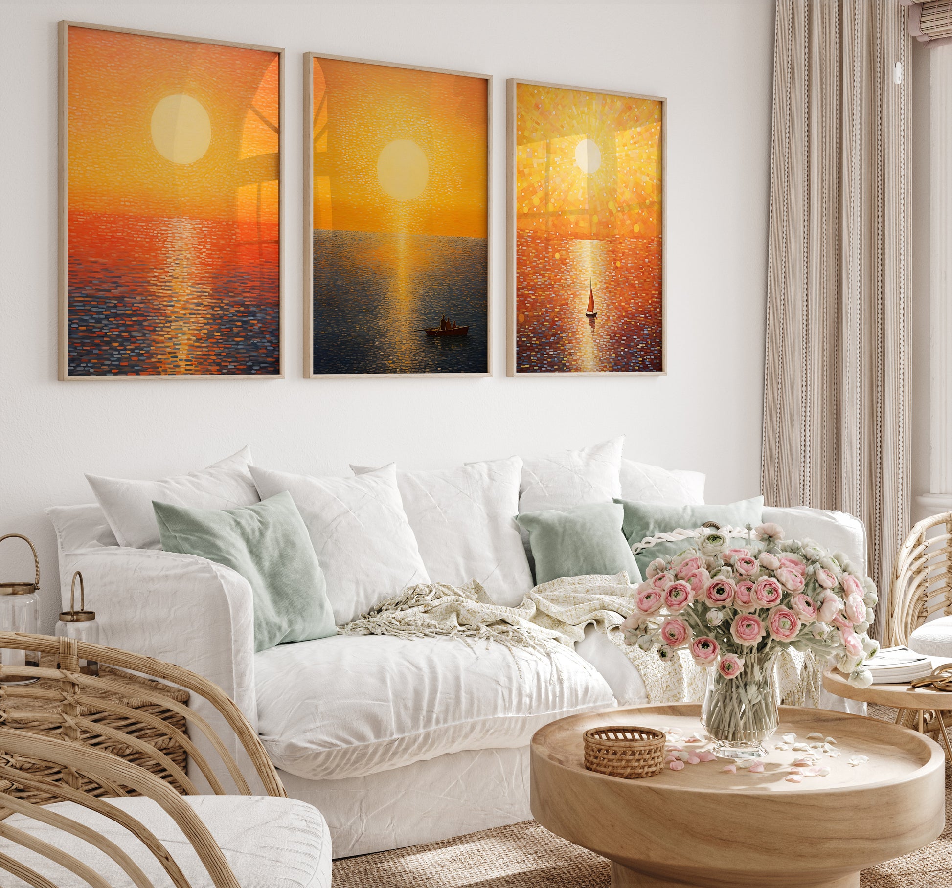 Three sunset canvas prints above a white bed with decorative pillows, next to a bouquet on a wooden table.