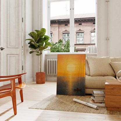 A painting leaning against a wall in a cozy living room with a couch and plants.