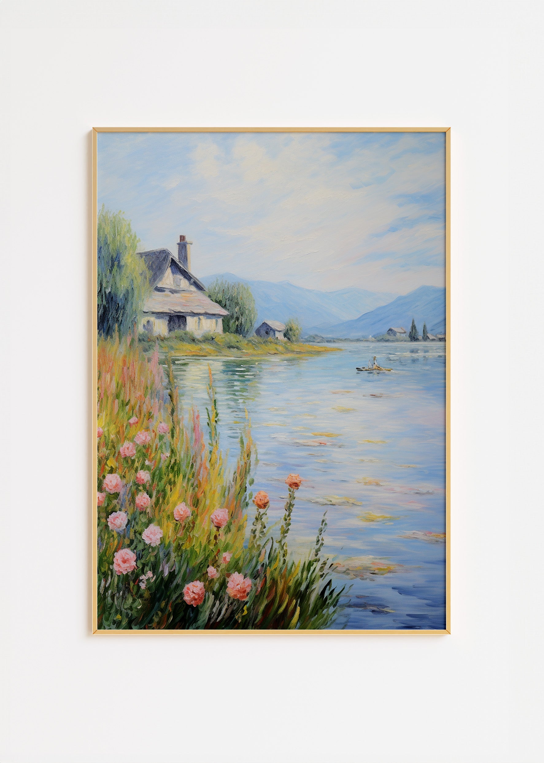 A framed painting depicting a serene landscape with a cottage by a river and blooming flowers in the foreground.