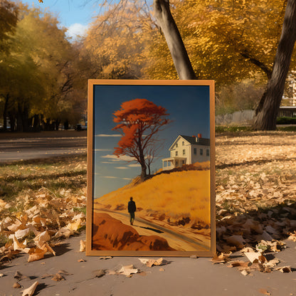 A painting of a house and tree on an easel blending with the autumn landscape around it.