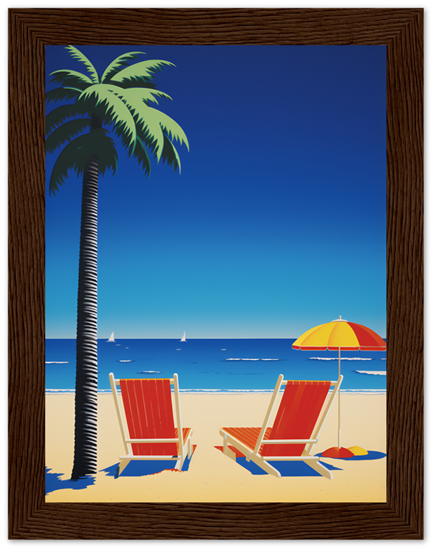 Illustration of two beach chairs under an umbrella by a palm tree with the ocean in the background.