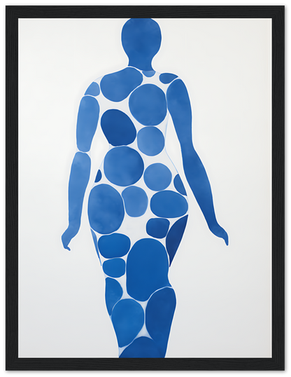 Abstract art of a human figure made with blue circles on a white background, framed.