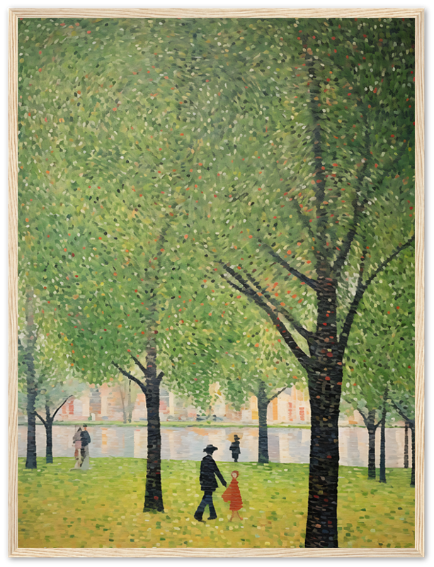 Impressionist painting of people walking by trees on a riverside, characterized by visible brushstrokes.
