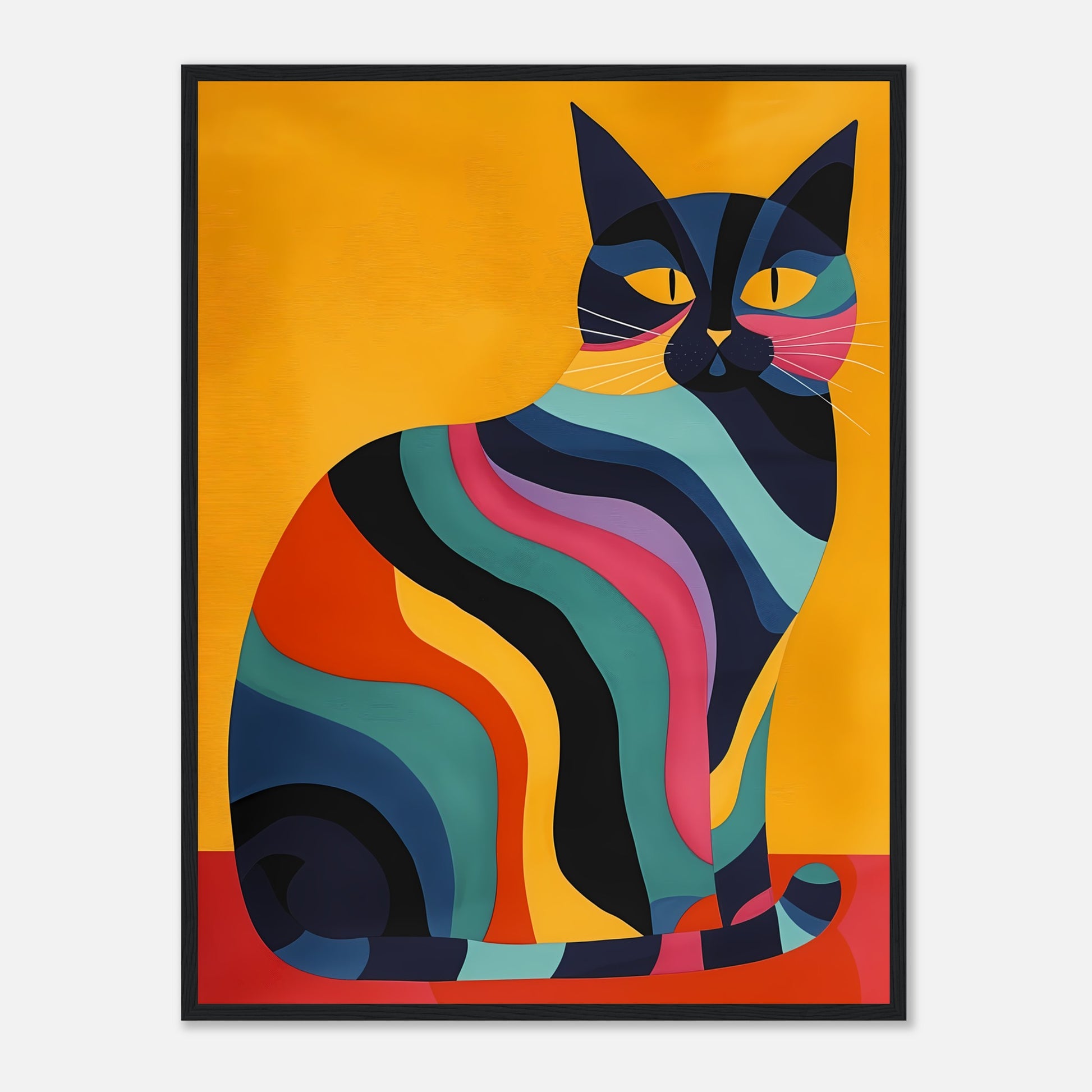 Colorful, abstract art of a striped cat against an orange background, in a wooden frame.