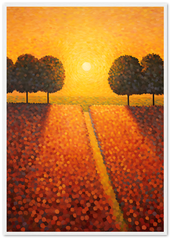 A painting of a sunset over a tree-lined path in a pointillist style within a wooden frame.