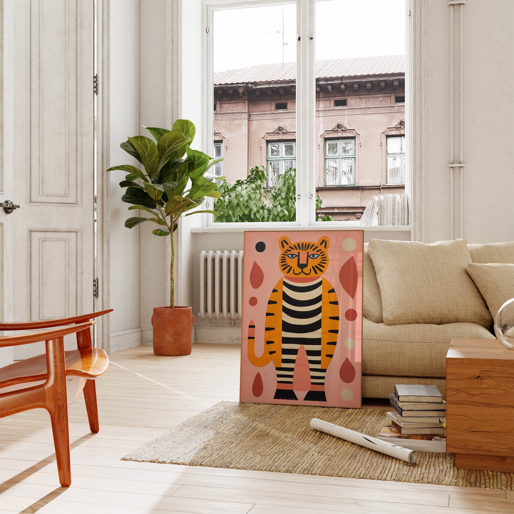 A colorful tiger painting leaning against a wall in a stylish living room with furniture and plants.