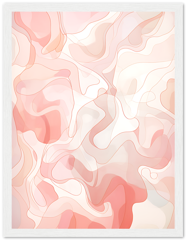Abstract painting with swirling pink and beige shapes in a white frame.