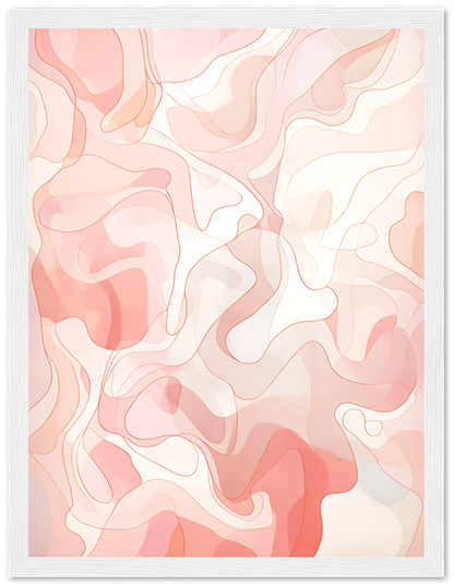 Abstract painting with swirling pink and beige shapes in a white frame.