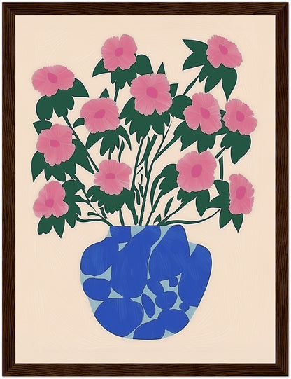 A framed illustration of a plant with pink flowers in a blue vase.