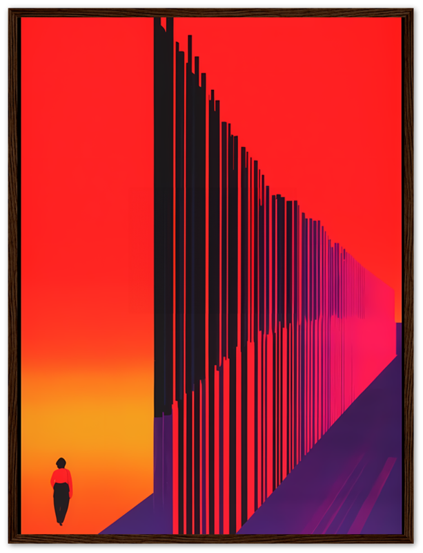 A solitary figure walking towards a vanishing point with vertical lines on a red background, framed in wood.