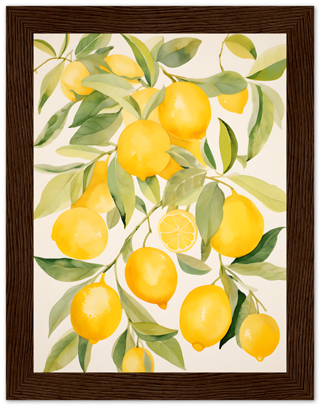 Painting of bright yellow lemons with green leaves in a wooden frame.