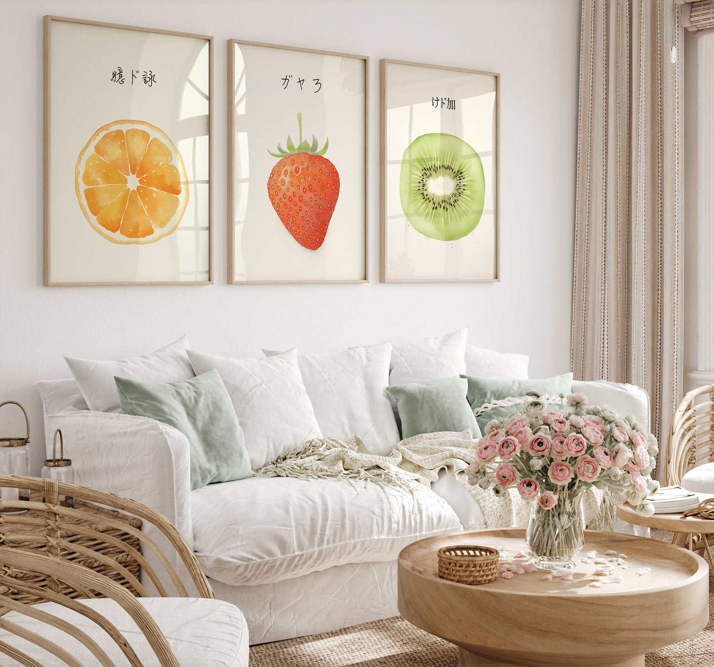 A cozy living room with framed fruit illustrations, a white sofa, and a bouquet of pink flowers on a coffee table.