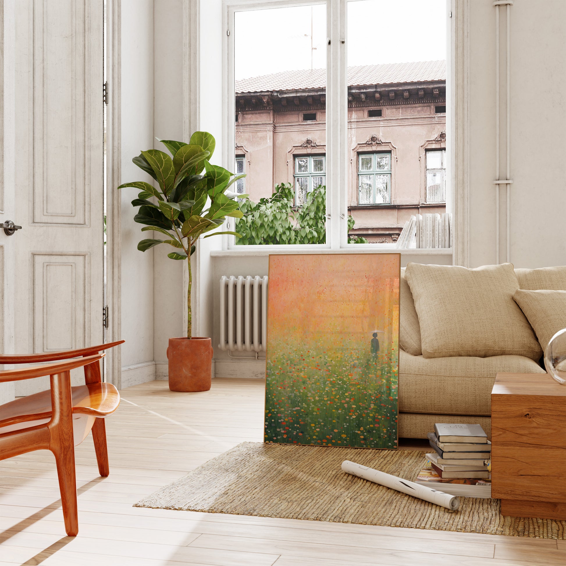 Bright, cozy living room with a large painting leaning against the wall next to a beige sofa.