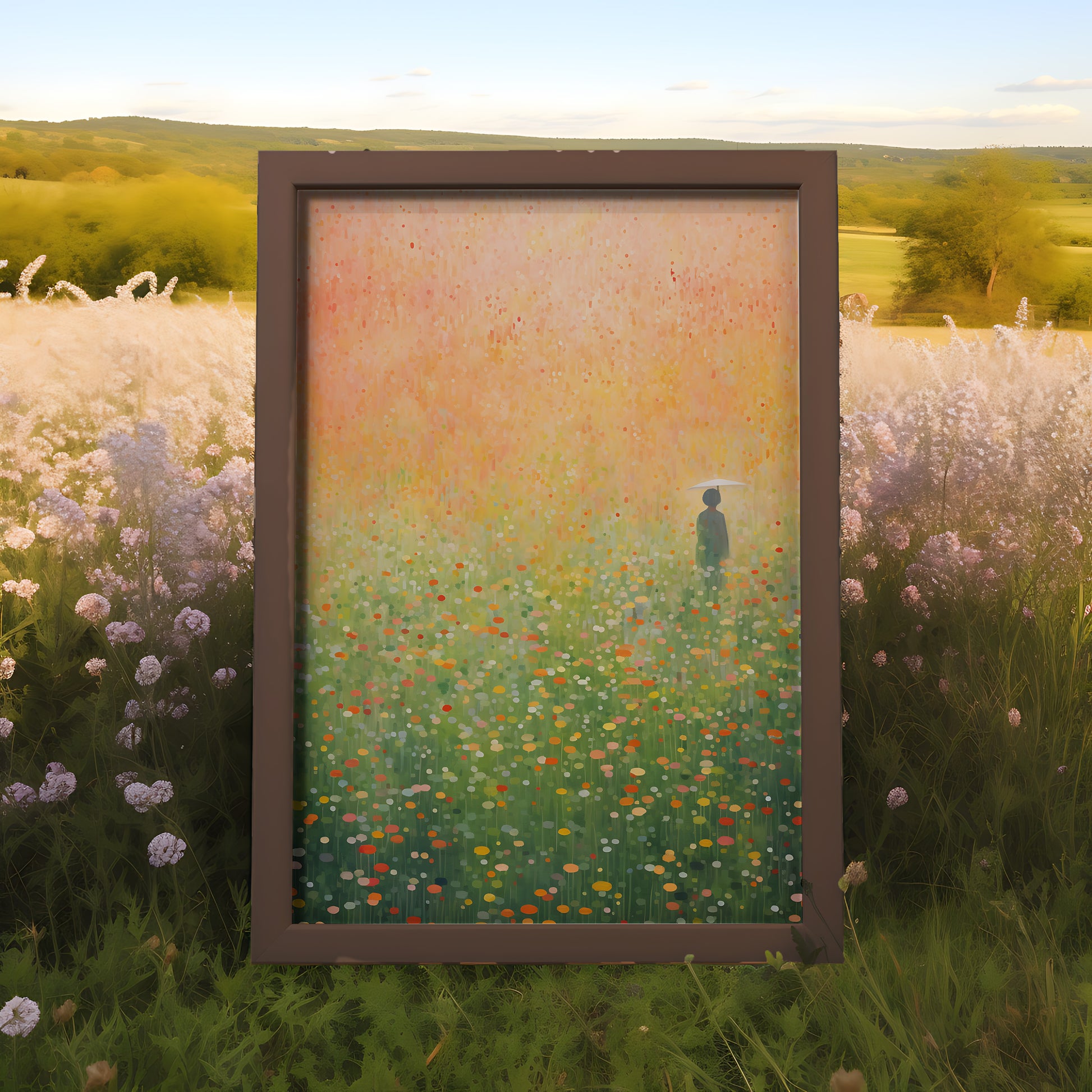 A large painting of a colorful field placed in an actual field, blending art with nature.