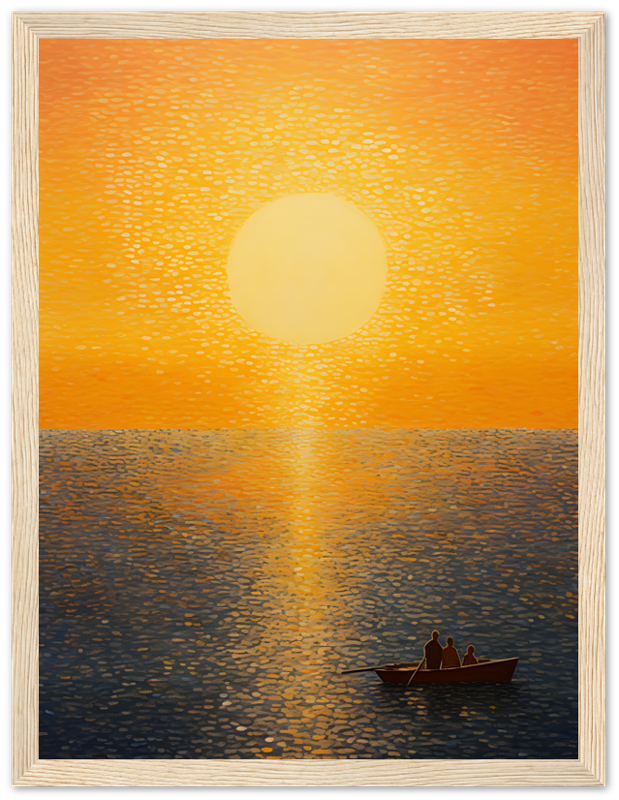 Sunset over water with two people in a boat, framed as a painting.