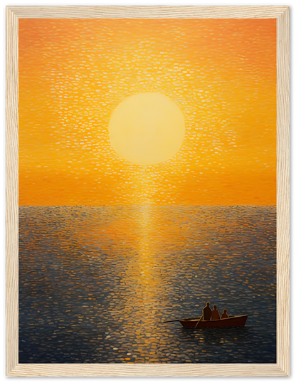 Sunset over water with two people in a boat, framed as a painting.