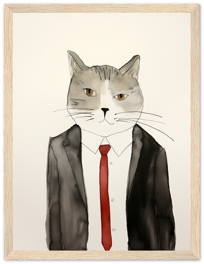 Illustration of a cat with a human body dressed in a suit and red tie.