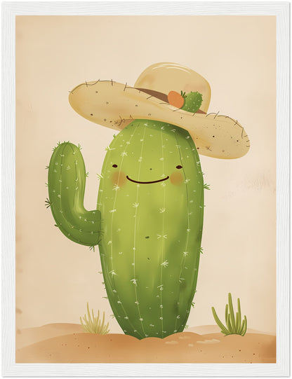 Illustration of a smiling cactus with a hat framed on a wall.