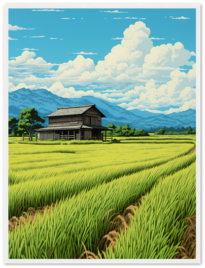 Illustration of a traditional house in a lush green rice field with mountains and blue sky in the background.