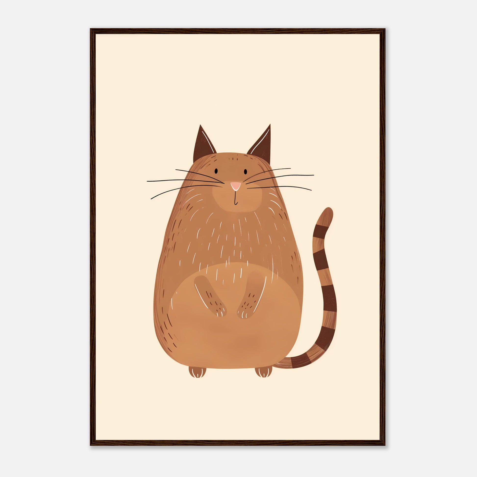 Illustration of a plump brown cat with stripes, hanging in a framed picture.