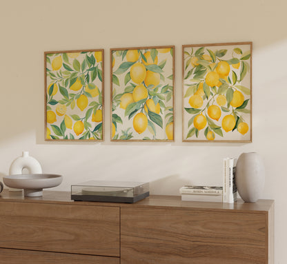 Three framed paintings of lemon branches on a wall above a wooden sideboard.