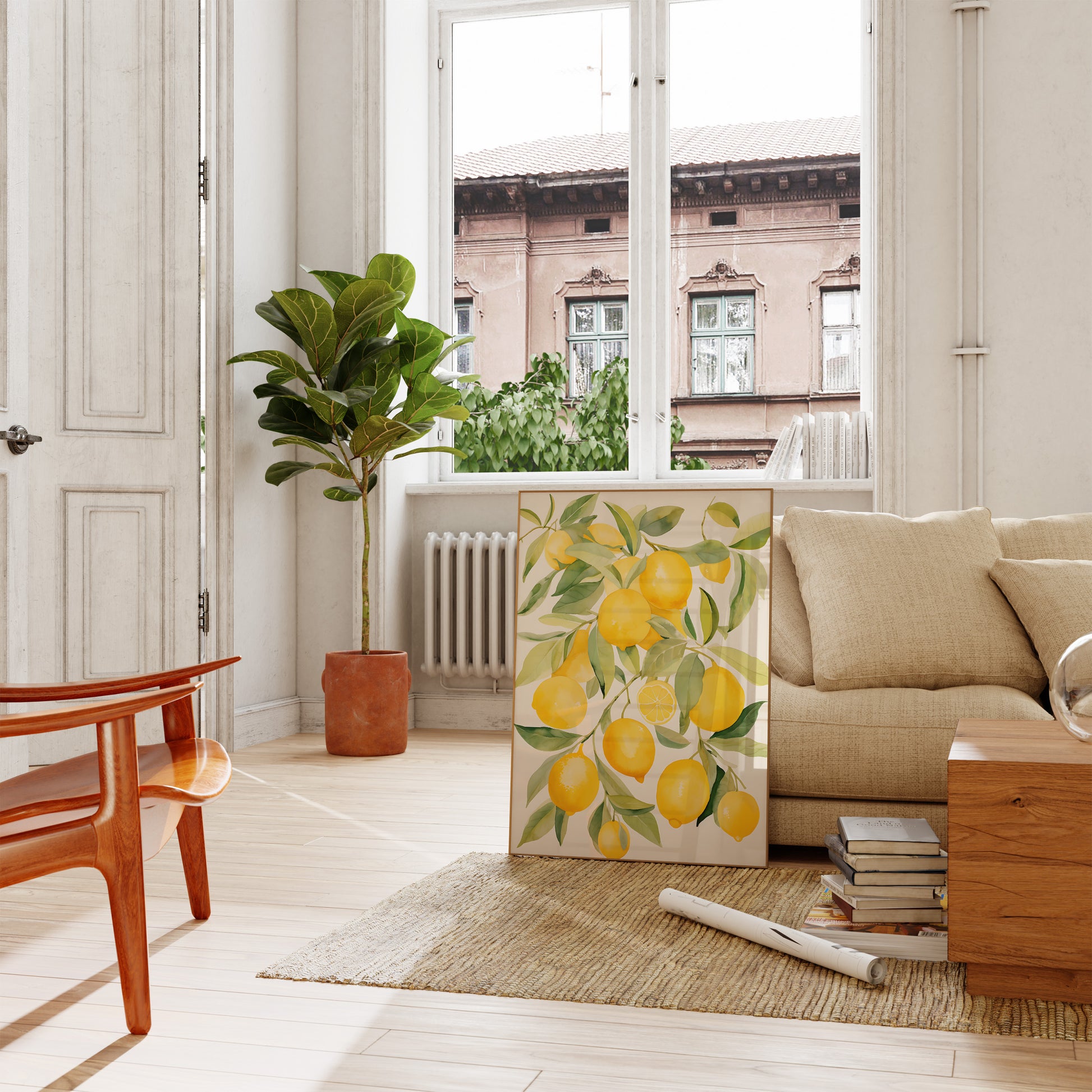 Bright living room with a lemon painting, green plant, and cozy sofa by a window.