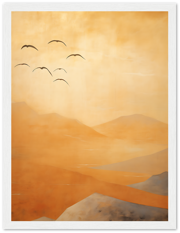 A minimalist landscape painting of orange hued mountains with birds in the sky.