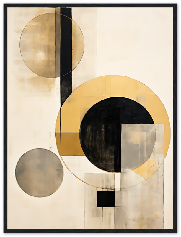 Geometric abstract painting with circles and straight lines in black, white, and yellow tones.