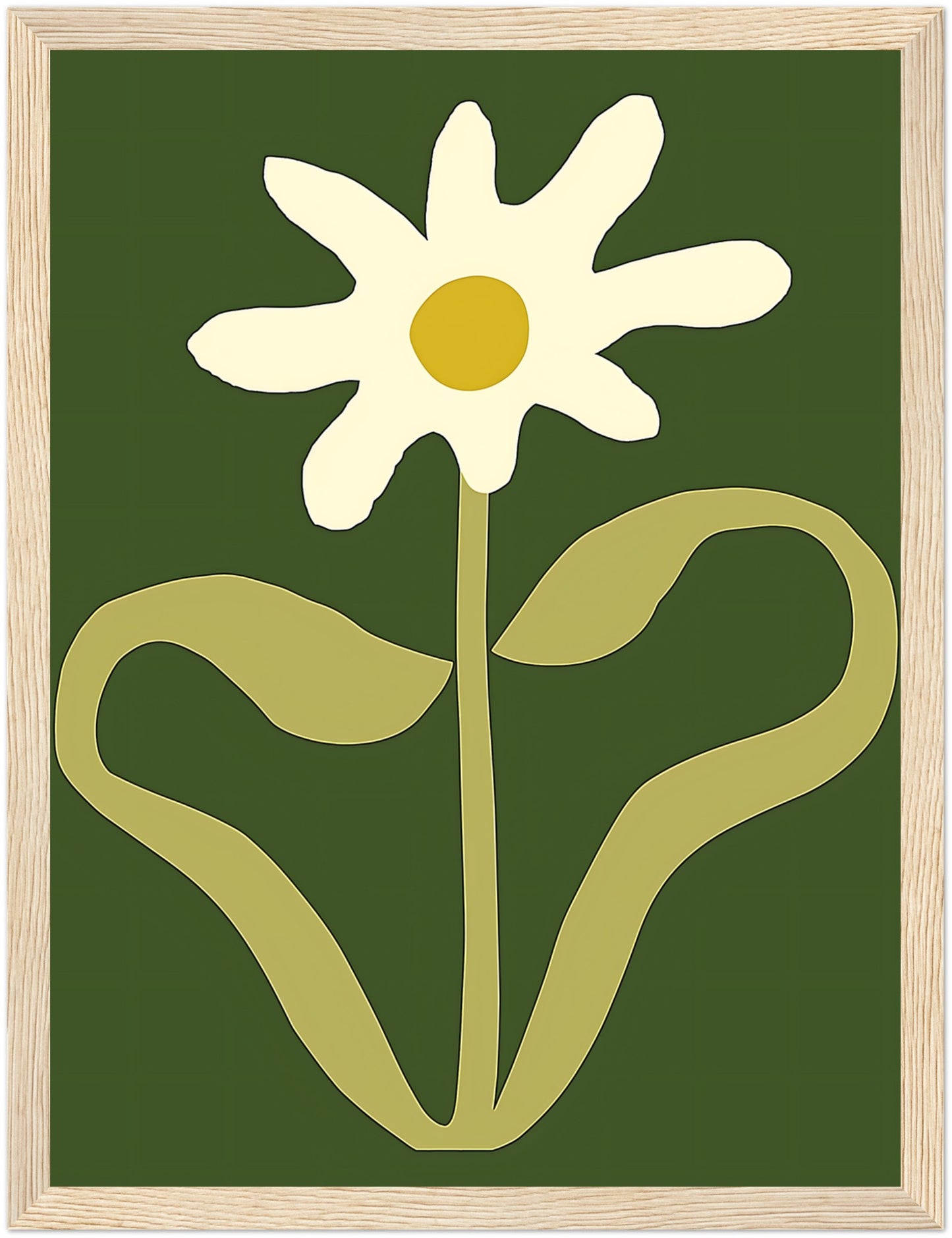 A stylized image of a white flower with a yellow center and green background, framed in brown.