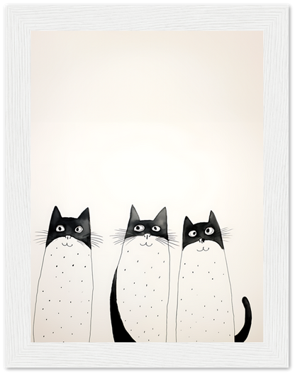 Three cartoon cats with dotted fur standing in a row.