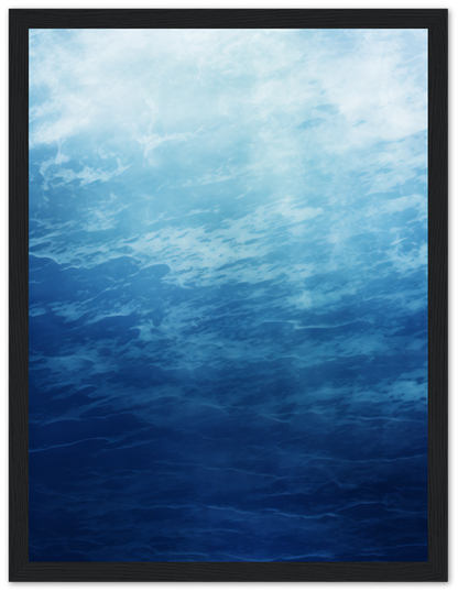 Painting of a tranquil blue ocean view with clouds, framed in dark wood.